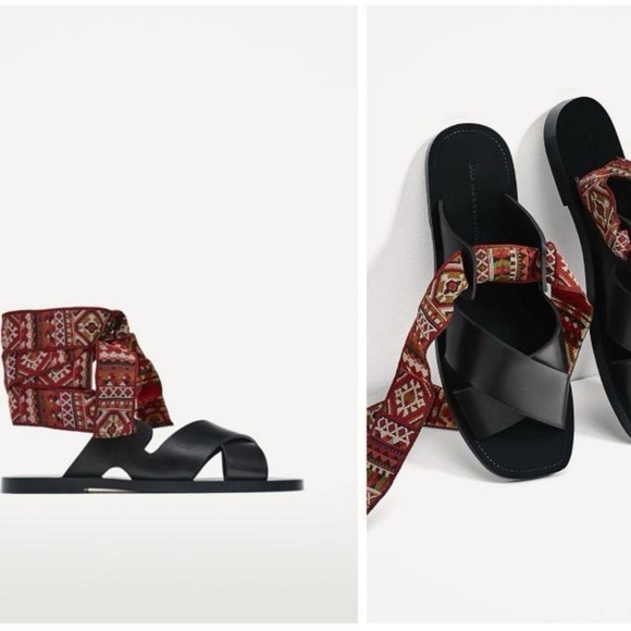 Zara BOHO Aztec ribbon wrap leather sandals - Picture 3 of 9
